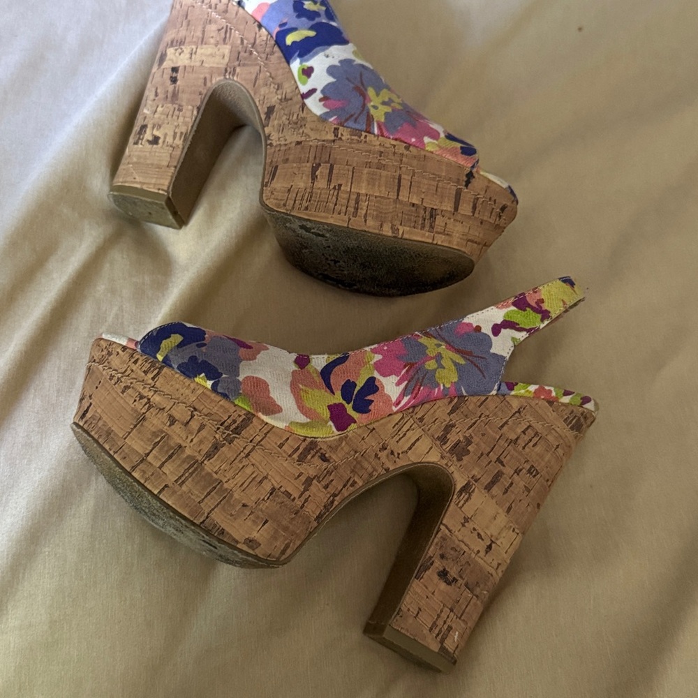 Colorful Floral Platform Slingback Heels